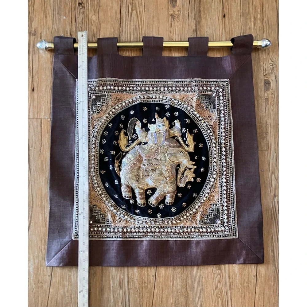 Vintage Kalaga Elephant Wall Hanging Tapestry Brown Gold Embroidered Art